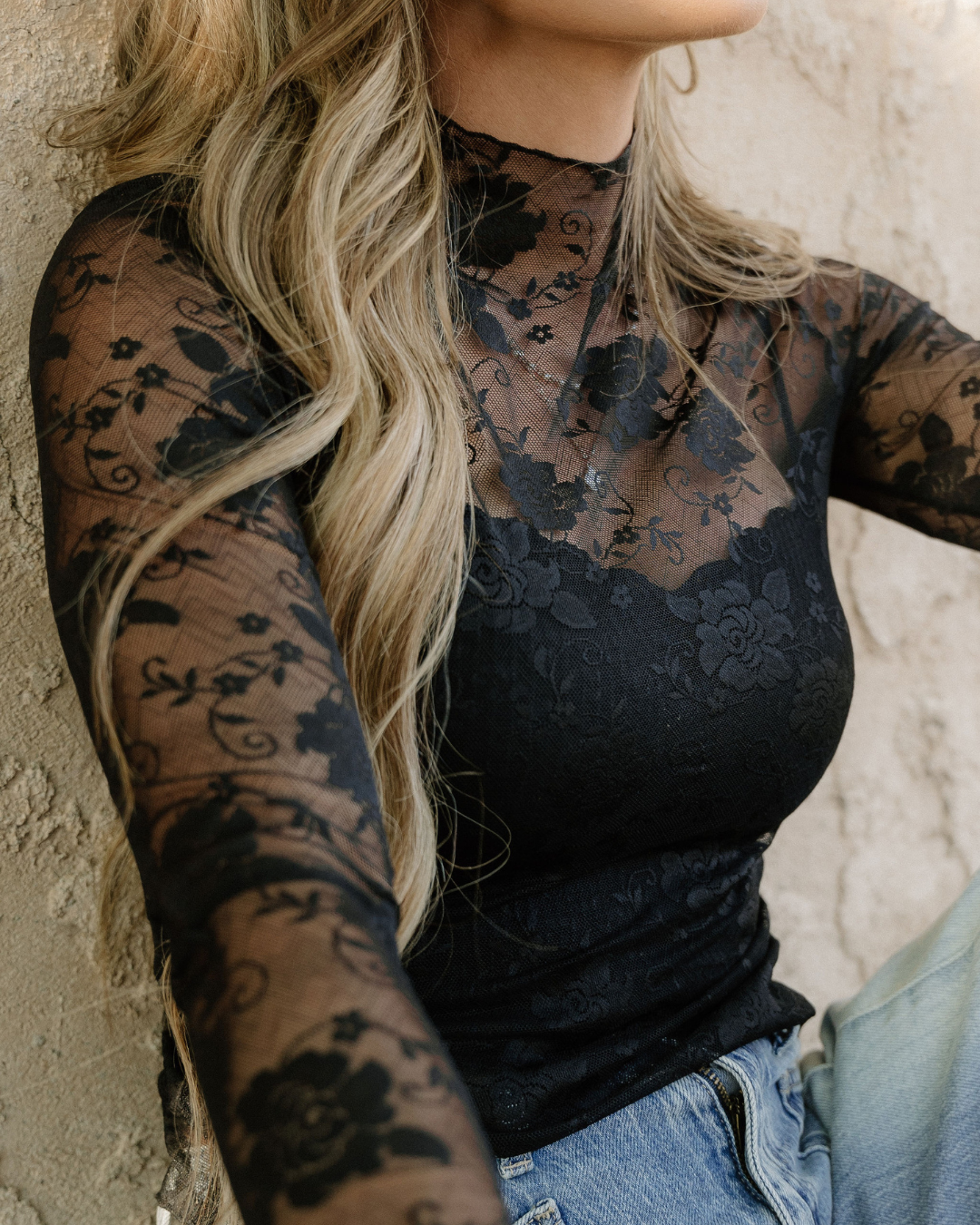 Sheer Floral Lace Top - Black