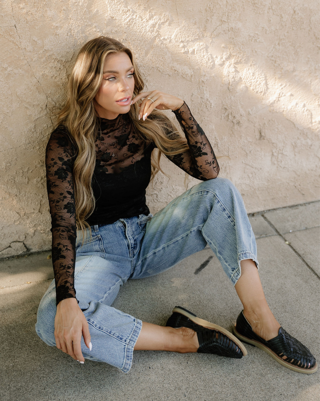 Sheer Floral Lace Top - Black