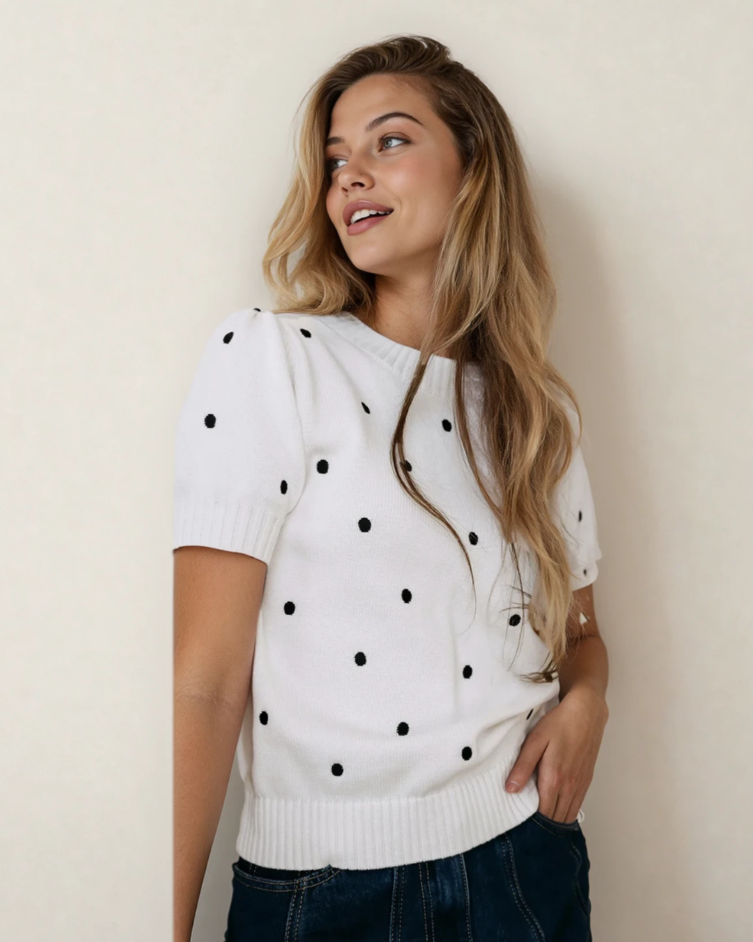 River Polka Dot Bubble Short Sleeve Sweater - White | Dropship