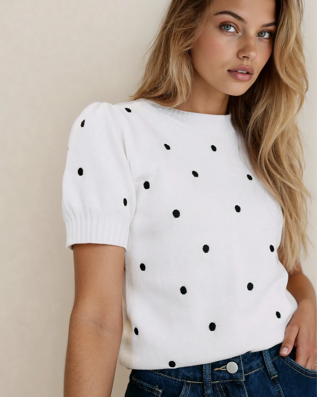 River Polka Dot Bubble Short Sleeve Sweater - White | Dropship